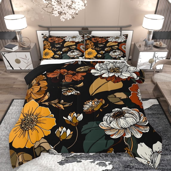Homewish Vintage Flowers 3-Piece Full Size Comforter Sets For Kids Teens Adults,Chic Floral Blossoms Bedding Comforter Set,Retro Exotic Style Lightweight Bedding Sets
