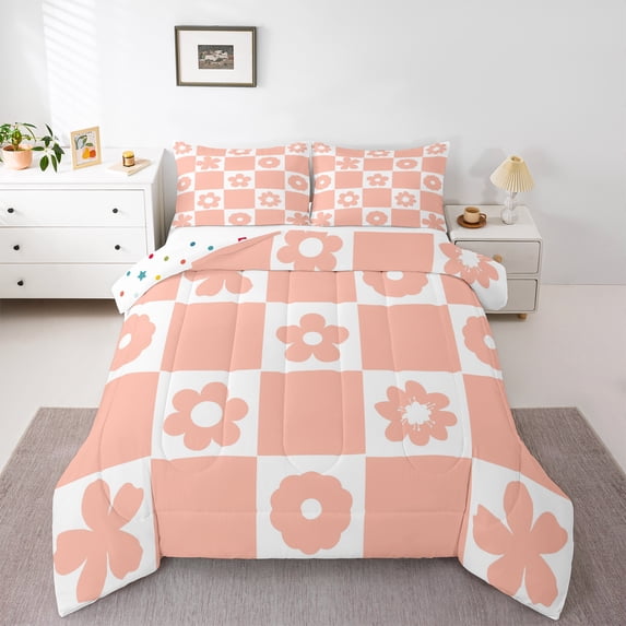 Homewish Vintage Flowers 3-Piece Full Size Comforter Sets for Teens Boys Girls,Retro Floral Bedding Comforter Set,Geometric Plaid Grid Lightweight Bedding Sets,Super Cozy Room Decor,Reversible