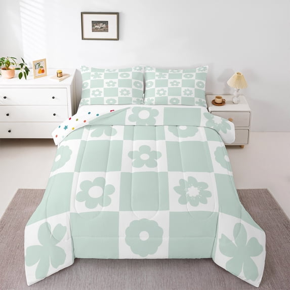 Homewish Vintage Flowers 3 Pieces Queen Comforter Set for Teens Boys Girls,Retro Floral Ultra Soft Bedding Sets,Geometric Plaid Grid Bedding Comforter Set,Super Cozy Room Decor,Reversible