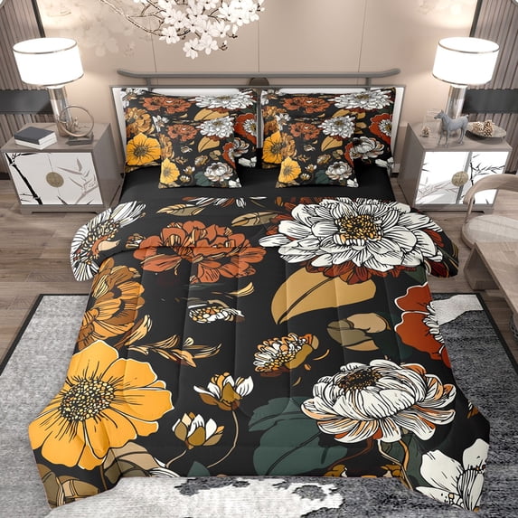 Homewish Vintage Flowers 7 Pieces Bedding Comforter Set For Kids Teens Adults,Chic Floral Blossoms Full Bedding Set Lightweight,Retro Exotic Style Fitted Sheet Flat Sheet,Ultra Soft Home Decor