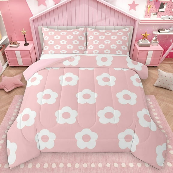 Homewish Vintage Flowers Bedding Comforter Set 2pcs for Kids Children Teens,Chic Floral Twin Comforter Sets Microfiber,Pink White Breathable Bedding Set,Super Cozy Room Decor,Reversible