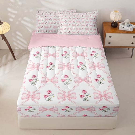 Homewish Vintage Flowers Floral Zipper Full Size Comforter Sets with Fitted Sheet and 2 Pillowcases,Pink Princess Bowknot Zipper Bedding Set For Girls Kids,Reversible,4 Pieces