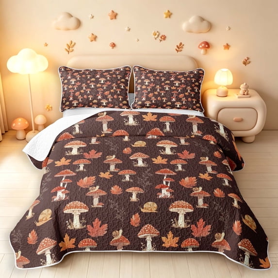 Homewish Vintage Fungus Plant Bed Spread Queen,Wild Mushrooms Queen Coverlet Set,Brown,Halloween Reversible,3 Pieces