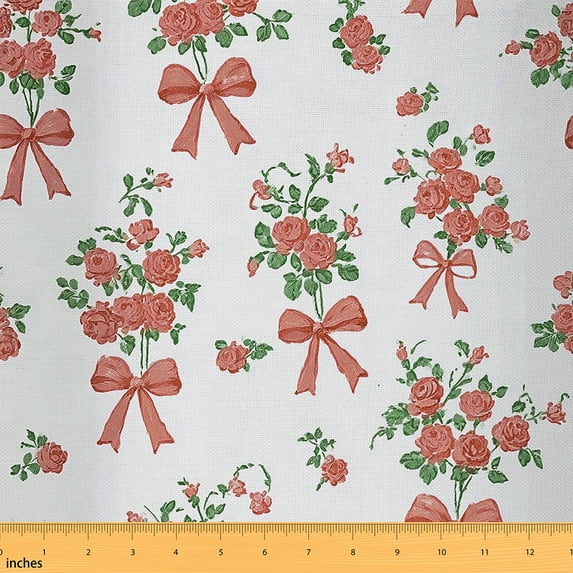 Homewish Vintage Garden Flower Fabric by the Yard 1 Yard for Adult, Orange Ribbon Bowknot Room Decor Fabric by the Yard, Rustic Plant Sewing Fabric, Microfiber Bedroom Decor
