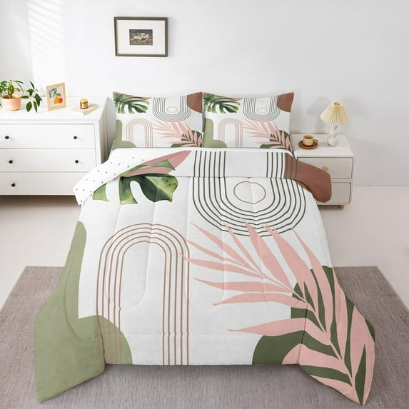 Homewish Vintage Geometric Striped Queen Comforter Set,Modern Minimalist Art Bedding Sets,White Pink Green Bedding Comforter Set For Men Women,Microfiber Bedroom Decor Reversible,3 Pieces