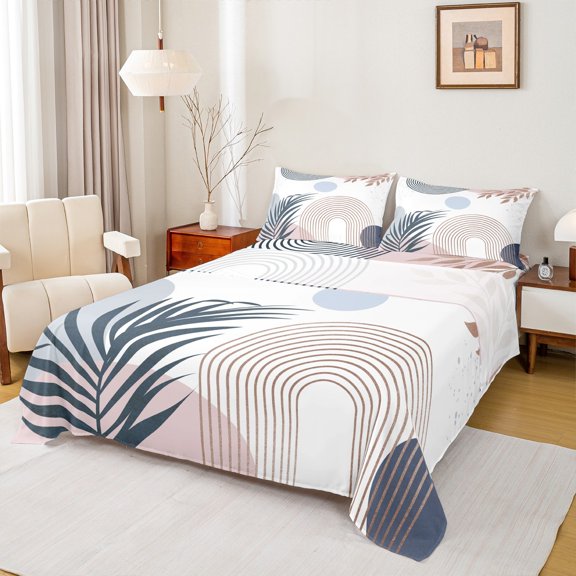 Homewish Vintage Geometric Striped Twin Sheet Sets,Modern Minimalist Art Twin Fitted Sheet,White Pink Blue Flat Sheet For Men Women,Microfiber Bedroom Decor,3 Pieces