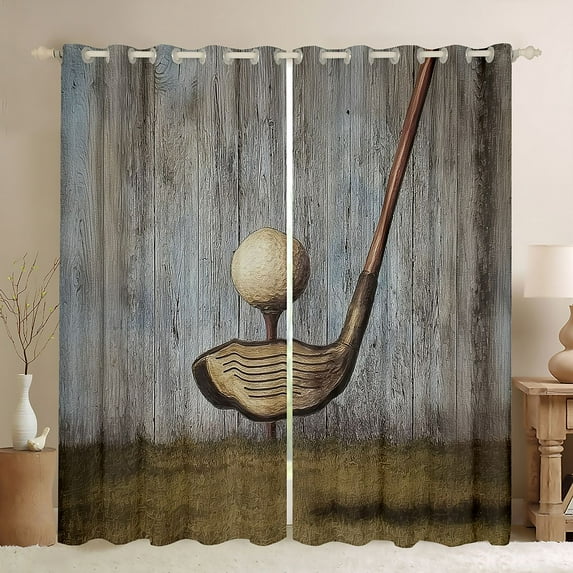 Homewish Vintage Golf Sports Curtains Pack of 2 (42x84 Each), Western Rustic Cabin Curtains Blackout, Grey Olive Wooden Plank Bedroom Curtains, Black Out Curtains Room Decor