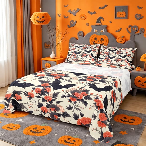 Homewish Vintage Gothic Halloween Bat Queen Sheets,Red Blossom Branch Print Queen Sheet Sets,Cream Black Red,4-Piece,1 Flat Sheet,1 Fitted Sheet and 2 Pillowcases