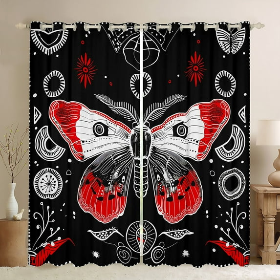 Homewish Vintage Gothic Moth Blackout Curtains Set of 2 (52x84 Each),Boho Bohemain Theme Window Curtains,Black Red Curtains and Drapes For Kids,Breathable Home Decor
