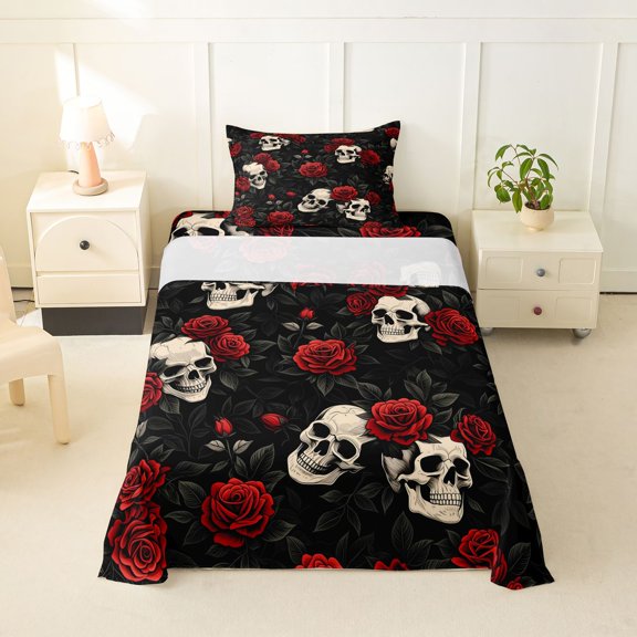 Homewish Vintage Gothic Red Rose Skull Twin Sheets for Kids, Romantic Floral Skeleton Bedding, 3pcs, 1 Flat Sheet, 1 Fitted Sheet and 1 Pillowcase