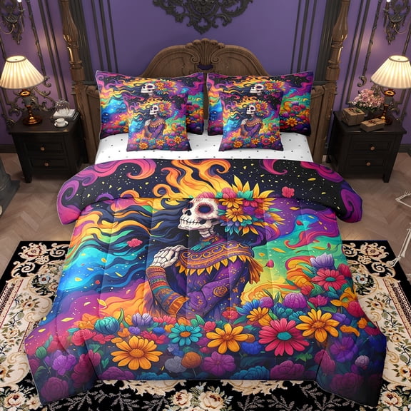 Homewish Vintage Gothic Skull 7-Piece Bedding Comforter Set,Ancient Boho Bohemain King Bedding Sets,Watercolor Flower Floral Bed Sheets For Adults,Microfiber Bedroom Decor Reversible