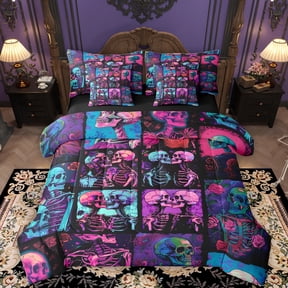 Homewish Vintage Gothic Skull 7-Piece Twin Bedding Sets,Happpy Valentine'S Day Bedding Comforter Set,Purple Blue Black Sheet Sets For Men Women,Breathable Home Decor Reversible