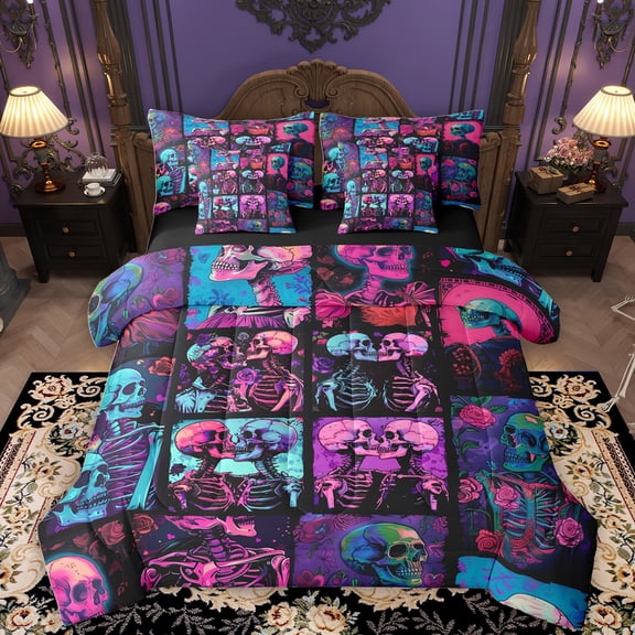 Homewish Vintage Gothic Skull 7pcs Bedding Comforter Set,Happpy Valentine'S Day Queen Bedding Sets,Purple Blue Black Queen Sheet Sets For Men Women,Breathable Home Decor Reversible