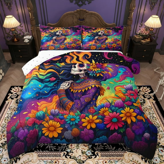 Homewish Vintage Gothic Skull Queen Comforter Set,Ancient Boho Bohemain Bedding Sets,Watercolor Flower Floral Bedding Comforter Set For Adults,Microfiber Bedroom Decor Reversible,3 Pieces
