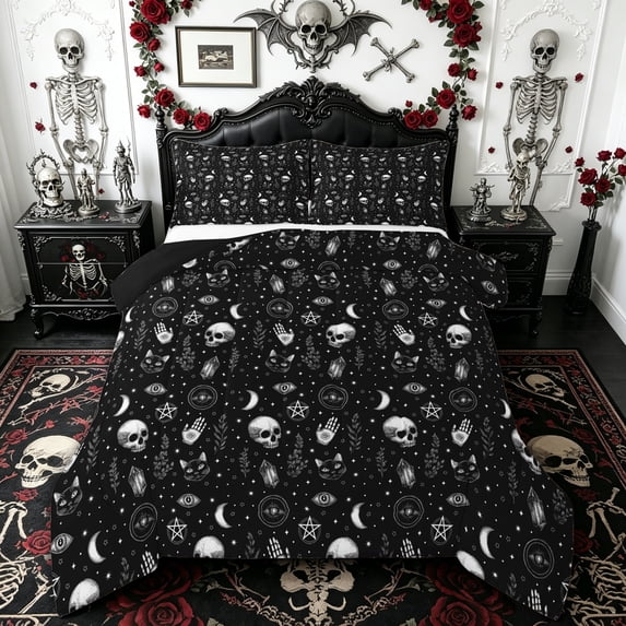 Homewish Vintage Gothic Skull Queen Comforter Set for Kids, Halloween Palm Moon Star Comforter Sets Queen, Black Reversible, 3 Pieces, 1 Comforter and 2 Pillowcases