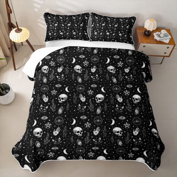 Homewish Vintage Gothic Skull Twin Quilt Set for Boys Girls, Halloween Palm Moon Star Twin Coverlet Set, 2 Pieces