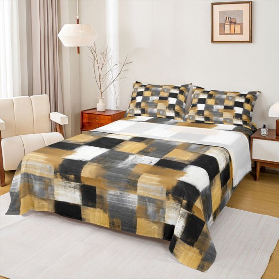 Homewish Vintage Gradient Plaid Bed Sheets,Contemporary Aesthetic Full Size Sheets,Yellow,4pcs,1 Flat Sheet, 1 Fitted Sheet and 2 Pillowcases