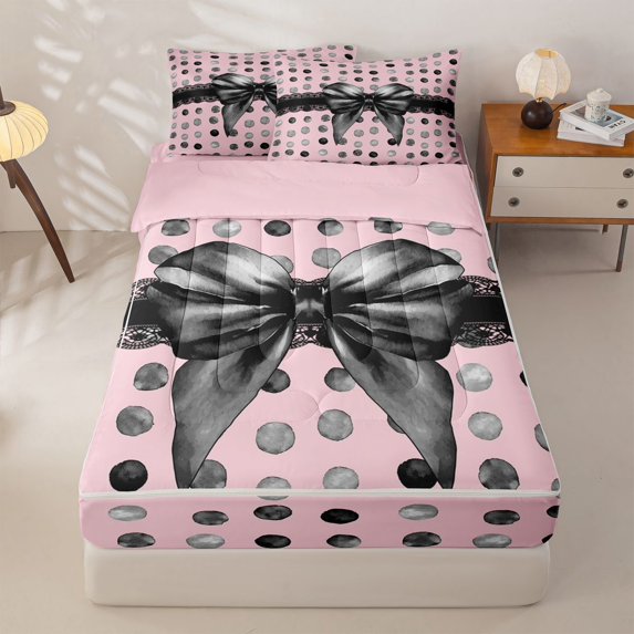Homewish Vintage Graffiti Bowknot Zipper Full Size Comforter Sets with Fitted Sheet and 2 Pillowcases,Geometric Circle Print Zipper Bedding Set For Kids Girls,Pink Reversible,4-Piece