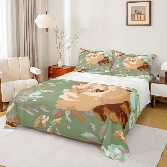 Homewish Vintage Green Flower Twin Sheet Sets for Female, Rustic Farmhouse Twin Fitted Sheet, Western Old Fashion Flat Sheet, Breathable Home Decor, 3-Piece