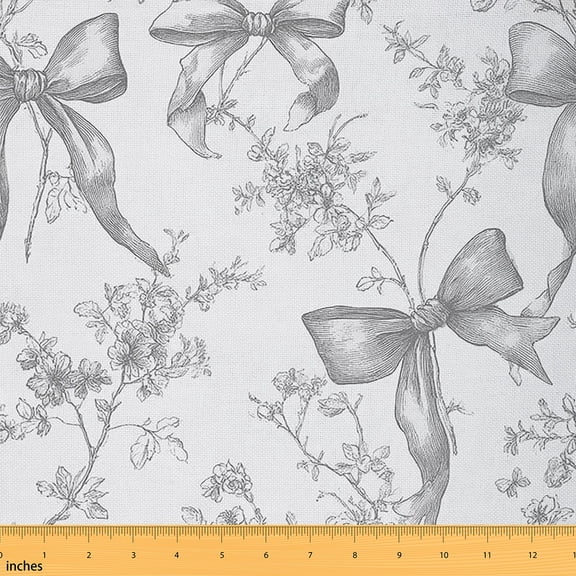 Homewish Vintage Grey Bowknot Fabric by the Yard 1 Yard for Girls, French Style Flower Room Decor Fabric by the Yard, Cartoon Bow Sewing Fabric, Lightweight Room Decor