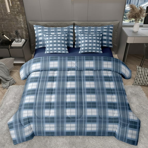 Homewish Vintage Grid Pattern 7 Pieces Bedding Comforter Set,Geometric Checkered Plaid Full Bedding Set,Blue Minimalsim Fitted Sheet Flat Sheet For Girls Boys,Luxury Bedroom Decor Reversible