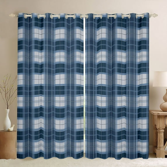Homewish Vintage Grid Pattern Black Out Curtains,Geometric Checkered Plaid Curtains Pack of 2 (42x63 Each),Blue Minimalsim Bedroom Curtains For Girls Boys,Luxury Bedroom Decor