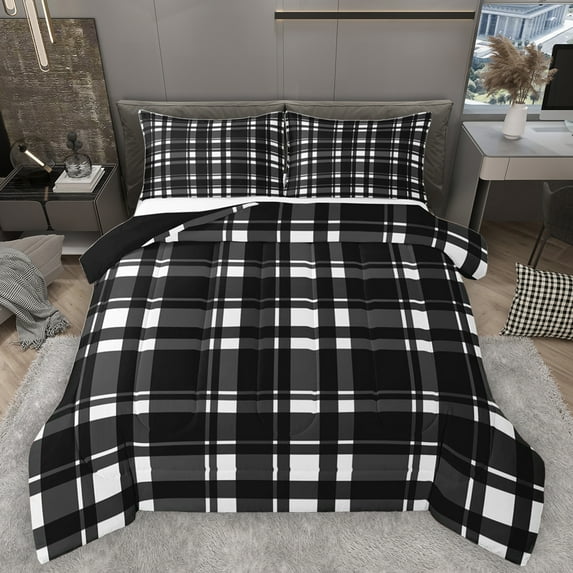 Homewish Vintage Grid Pattern Full Size Comforter Sets,Geometric Checkered Plaid Bedding Comforter Set,White Black Bedding Sets For Girls Boys,Luxury Bedroom Decor Reversible,3pcs