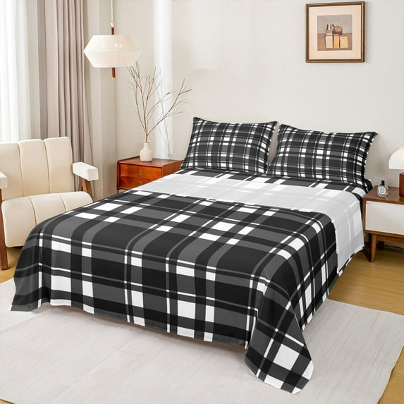 Homewish Vintage Grid Pattern Queen Sheet Sets,Geometric Checkered Plaid Flat Sheet,White Black Queen Fitted Sheet For Girls Boys,Luxury Bedroom Decor,4-Piece