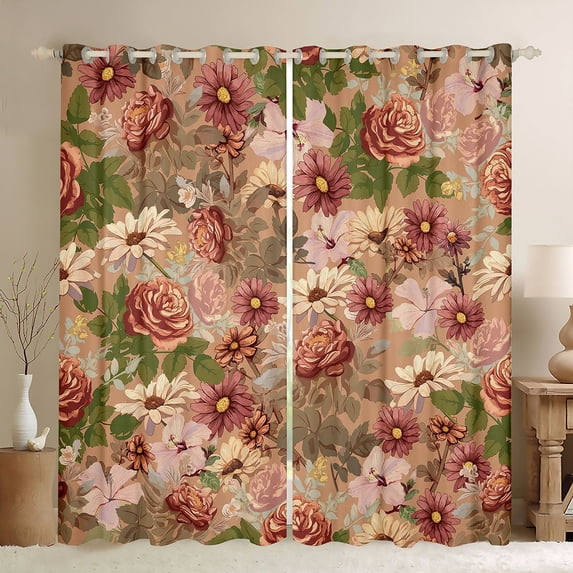Homewish Vintage Groovy Flower Curtains Pack of 2 (42x84 Each) for Female, Bohemian Mandala Curtains Blackout, Western French Style Bedroom Curtains, Curtains and Drapes Decor