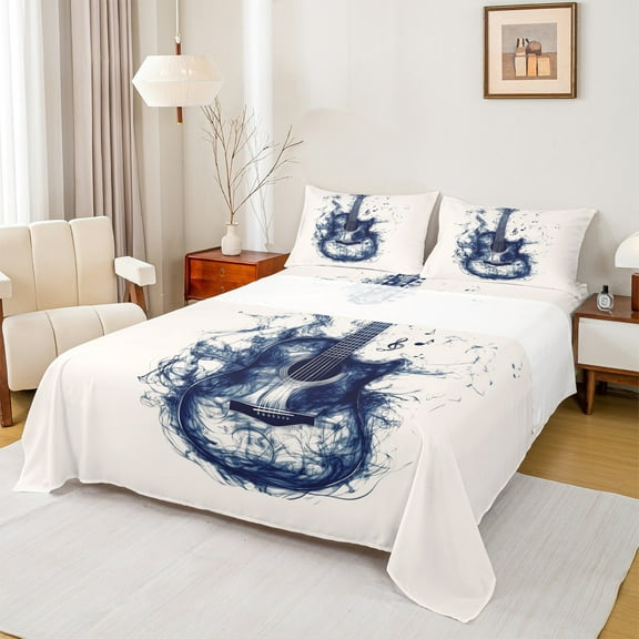 Homewish Vintage Guitar Twin Sheet Sets for Men, Musical Instruments Twin Fitted Sheet, Rock and Roll Music Flat Sheet, Microfiber Bedroom Decor, 3 Pieces