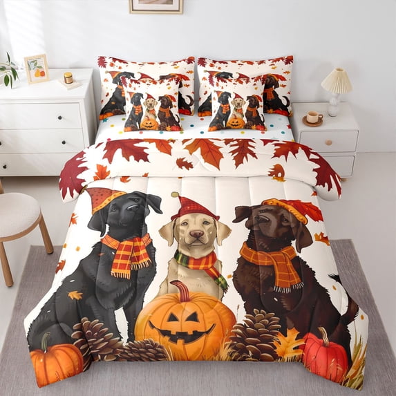 Homewish Vintage Halloween Dog 7-Piece Twin Bedding,Autumn Pumpkin Lantern Bedding Comforter Set,Cream,Polkadot Reversible