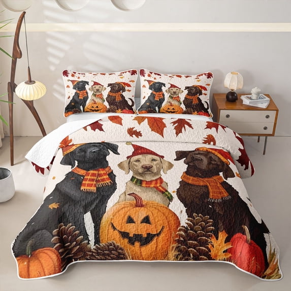 Homewish Vintage Halloween Dog Twin Quilt Set,Autumn Pumpkin Lantern Twin Coverlet Set,Cream,2 Pieces