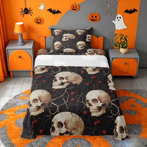 Homewish Vintage Halloween Skull Twin Sheets,Rustic Berry Print Bedding,Black Beige,3pcs,1 Fitted Sheet and 1 Pillowcase