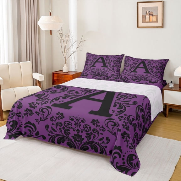 Homewish Vintage Hippie Damask Twin Sheet Sets for Women, Tribal Initial A Letter Twin Fitted Sheet, Western Bohemian Flat Sheet, Luxury Bedroom Decor, 3-Piece