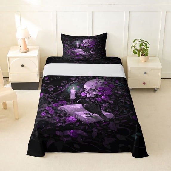 Homewish Vintage Hipple Skull Twin Sheets,Happy Halloween Bedding,Purple Rose Bed Set,3pcs,1 Fitted Sheet and 1 Pillowcase