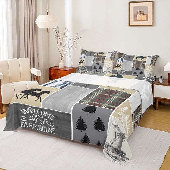 Homewish Vintage Horseshoe Queen Sheet Sets,Country Farmhouse Lodge Flat Sheet,Gray Beige Plaid Queen Fitted Sheet For Kids,Ultra Soft Home Decor,4 Pieces