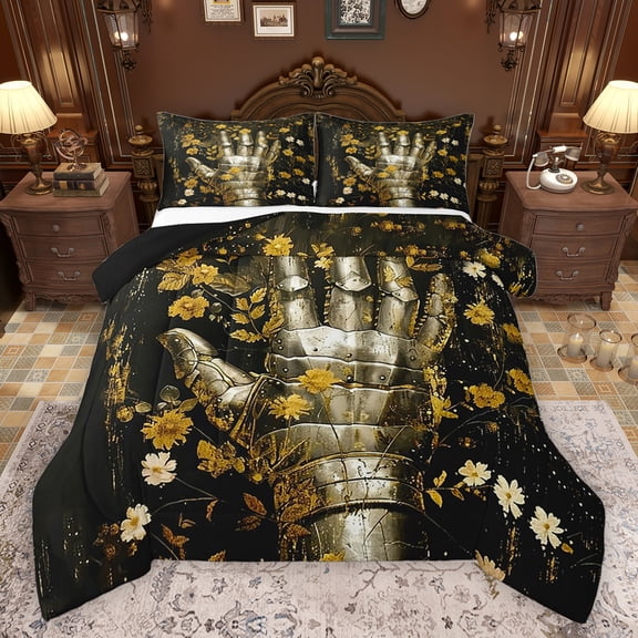Homewish Vintage Knight Gloves Full Size Comforter Sets 3-Piece for Teens Adults,Retro Rustic Flower Bedding Comforter Set,Retro Aesthetic Lightweight Bedding Sets,Luxury Bedroom Decor