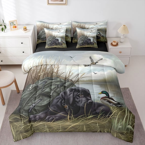 Homewish Vintage Labrador Retriever 7-Piece Twin Bedding,Rustic Mallard Duck Bedding Comforter Set,Green Black,Black Reversible