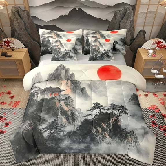 Homewish Vintage Landscape Painting 7-Piece Bedding Comforter Set,Modern Aesthetic King Bedding Sets,Gray Orange Bed Sheets For Men Women,Microfiber Bedroom Decor Reversible