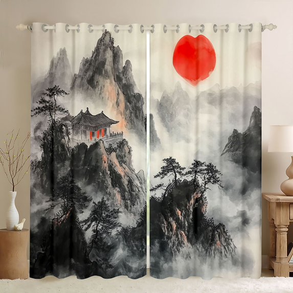 Homewish Vintage Landscape Painting Blackout Curtains Set of 2 (52x84 Each),Modern Aesthetic Window Curtains,Gray Orange Curtains and Drapes For Men Women,Microfiber Bedroom Decor