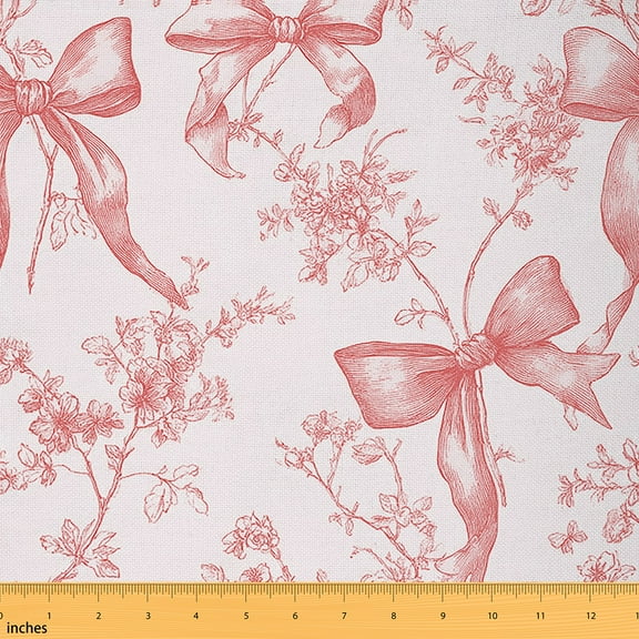 Homewish Vintage Light Coral Bowknot Fabric by the Yard 1 Yard for Girls, French Style Flower Room Decor Fabric by the Yard, Cartoon Bow Sewing Fabric, Luxury Bedroom Decor
