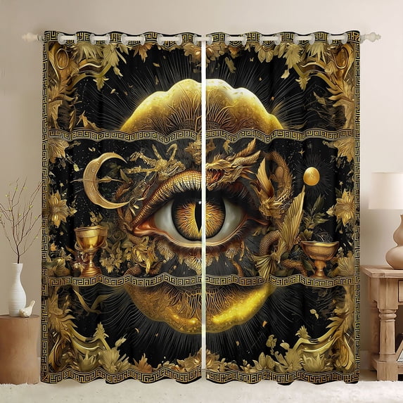 Homewish Vintage Magic Dragon Kitchen Curtains,Hippie Evil Eye Black Out Curtains Pack of 2 (42x63 Each),Black Gold