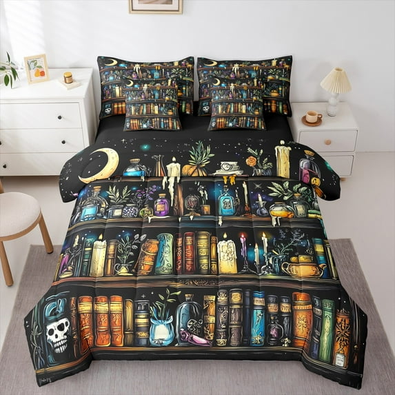 Homewish Vintage Magical Books Bedding Comforter Set 7 Pieces for Kids Teens Adults,Retro Exotic Style Full Bedding Set Lightweight,Gothic Skull Fitted Sheet Flat Sheet,Super Cozy Room Decor