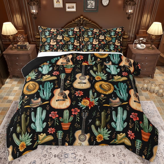 Homewish Vintage Music Guitar Queen Comforter Set,Desert Plant Cacrus Bedding Sets,Rustic Flower Western Cowboy Bedding Comforter Set For Kids,Microfiber Bedroom Decor Reversible,3-Piece