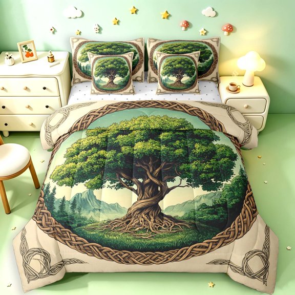 Homewish Vintage Nature Tree 7-Piece Twin Bedding,Mountain Landscape Bedding Comforter Set,Green Cream,Reversible