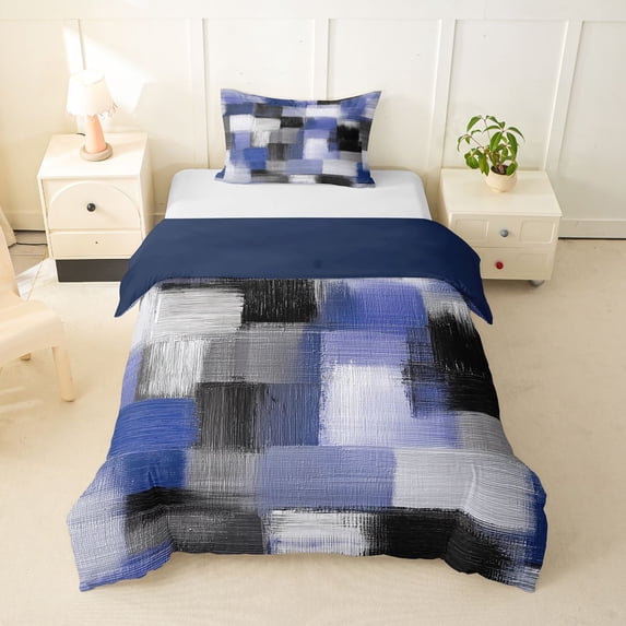 Homewish Vintage Navy Checkered Twin Duvet Cover,Abstract Artwork Twin Bedding,Navy Blue Reversible,2-Piece,1 Duvet Cover and 1 Pillowcase