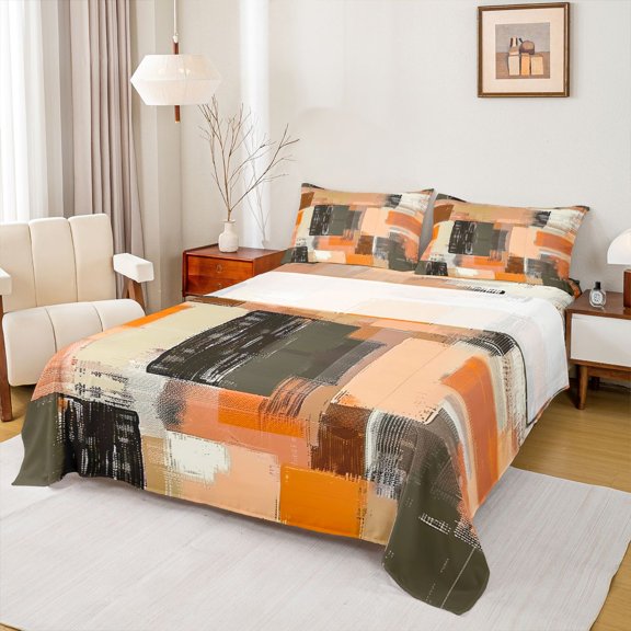 Homewish Vintage Oil Painting Bed Sheets,Retro Geometric Art Full Size Sheets,Orange,4 Pieces,1 Flat Sheet, 1 Fitted Sheet and 2 Pillowcases