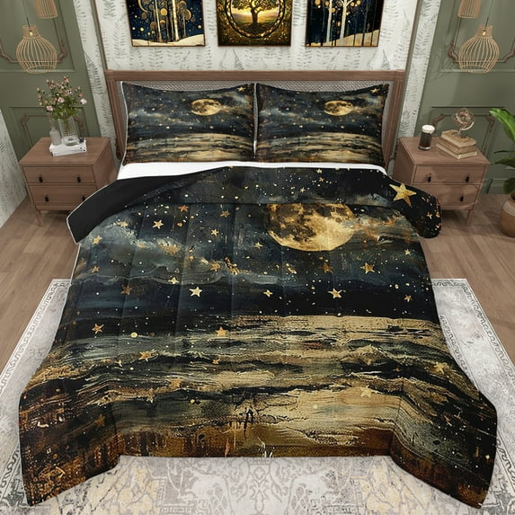 Homewish Vintage Oil Painting Full Size Comforter Sets,Galaxy Starry Night Bedding Comforter Set,Stars Moon Print Bedding Sets Girls Teens,Breathable Home Decor Reversible,3pcs