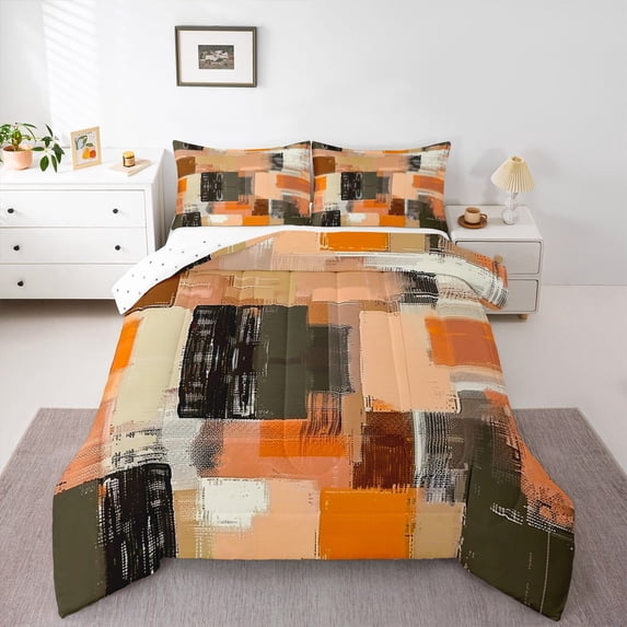 Homewish Vintage Oil Painting Queen Comforter Set,Retro Geometric Art Comforter Sets Queen,Orange,Reversible,3pcs,1 Comforter and 2 Pillowcases