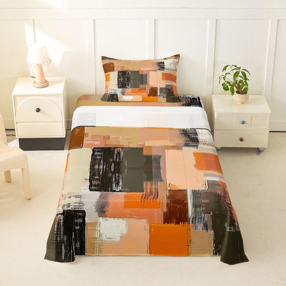 Homewish Vintage Oil Painting Twin Sheets,Retro Geometric Art Bedding,Orange,3-Piece,1 Fitted Sheet and 1 Pillowcase